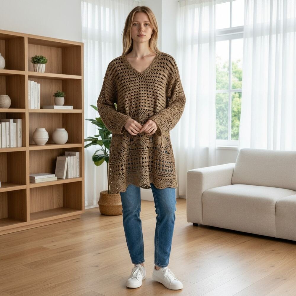 Vintage S Wear Crochet Knit Long Sweater Medium Brown Boho Bohemian Granny